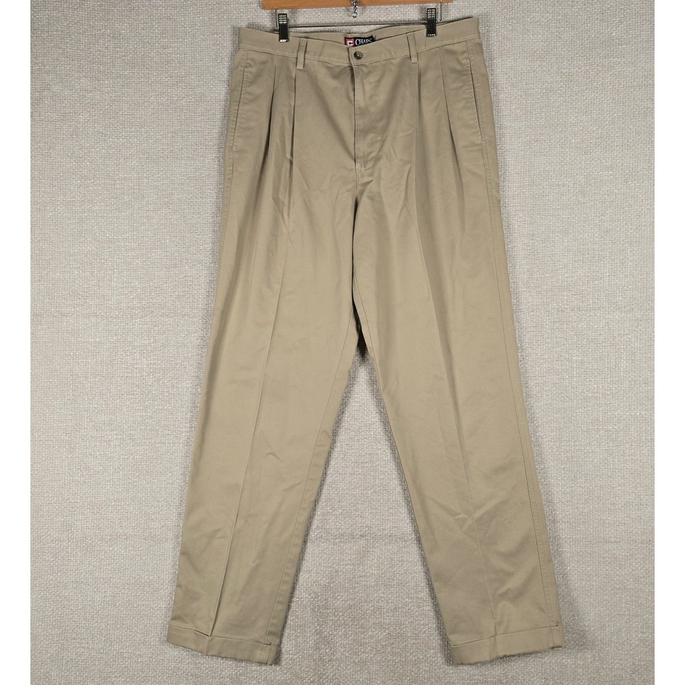 Chaps Ralph Lauren Mens Khaki Pleated Cuffed Chino Pants 36x34 Tan Cotton